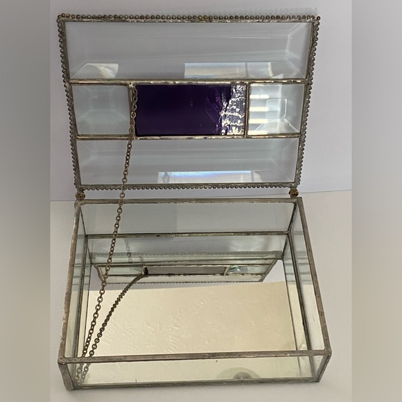Vintage Jewelry Trinket Box Purple Stain Glass Clear Beveled Mirror Chain Hinged - Picture 5 of 12